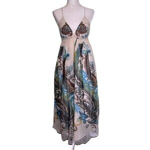 Women Boho Maxi Paisley Dress Spaghetti Strap Empire Waist Flowy Summer Size Med